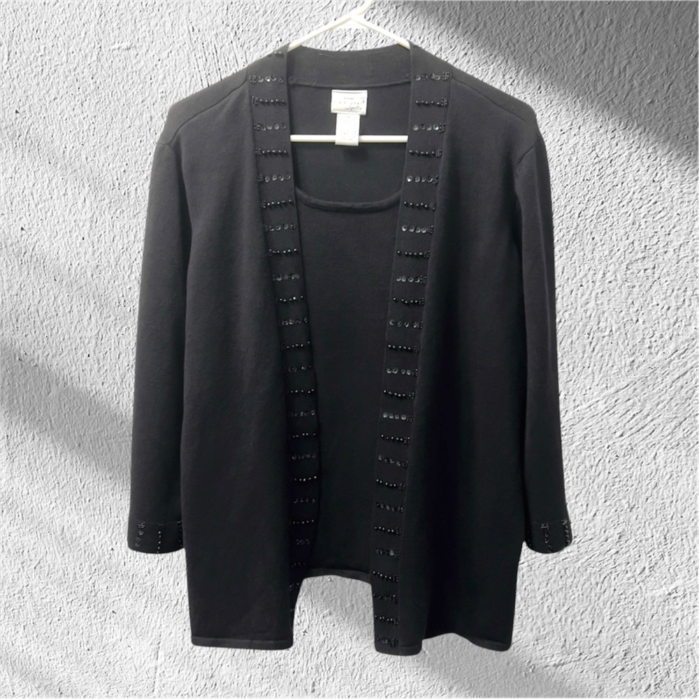 2-in-1 Black Beaded Trim Cardigan w/ Built-in Tank